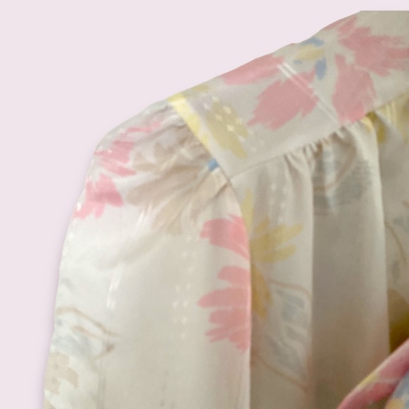 Vintage Pastel Floral Satin Semi Sheer Pussybow Balloon Sleeve Blouse Size M - Picture 5 of 7
